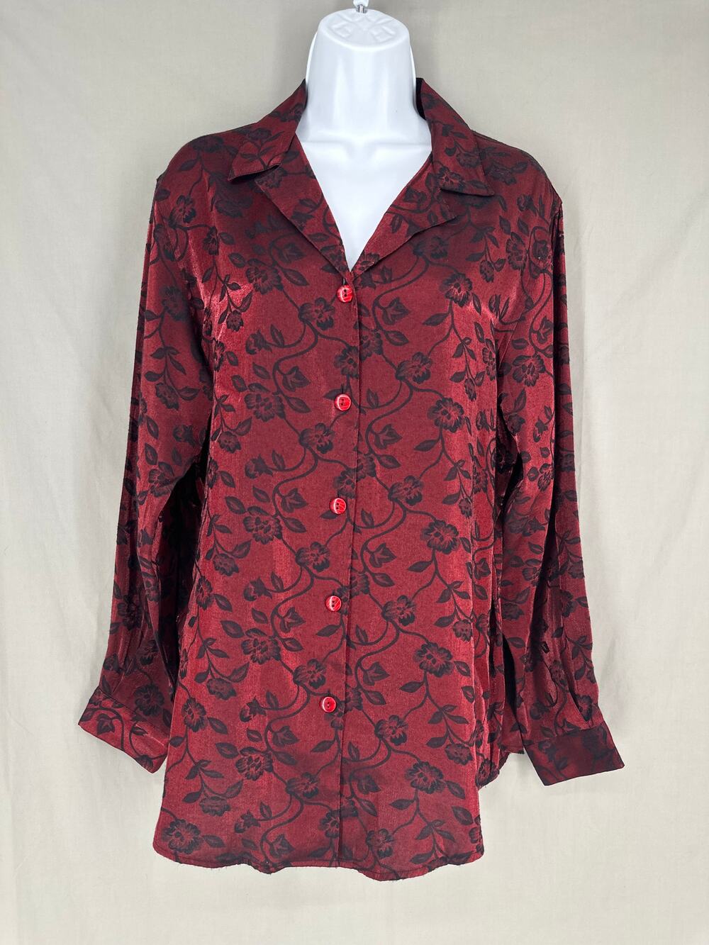 90s Vintage Top Womens Medium Red Floral Satin Black Button Cottage Whimsigoth